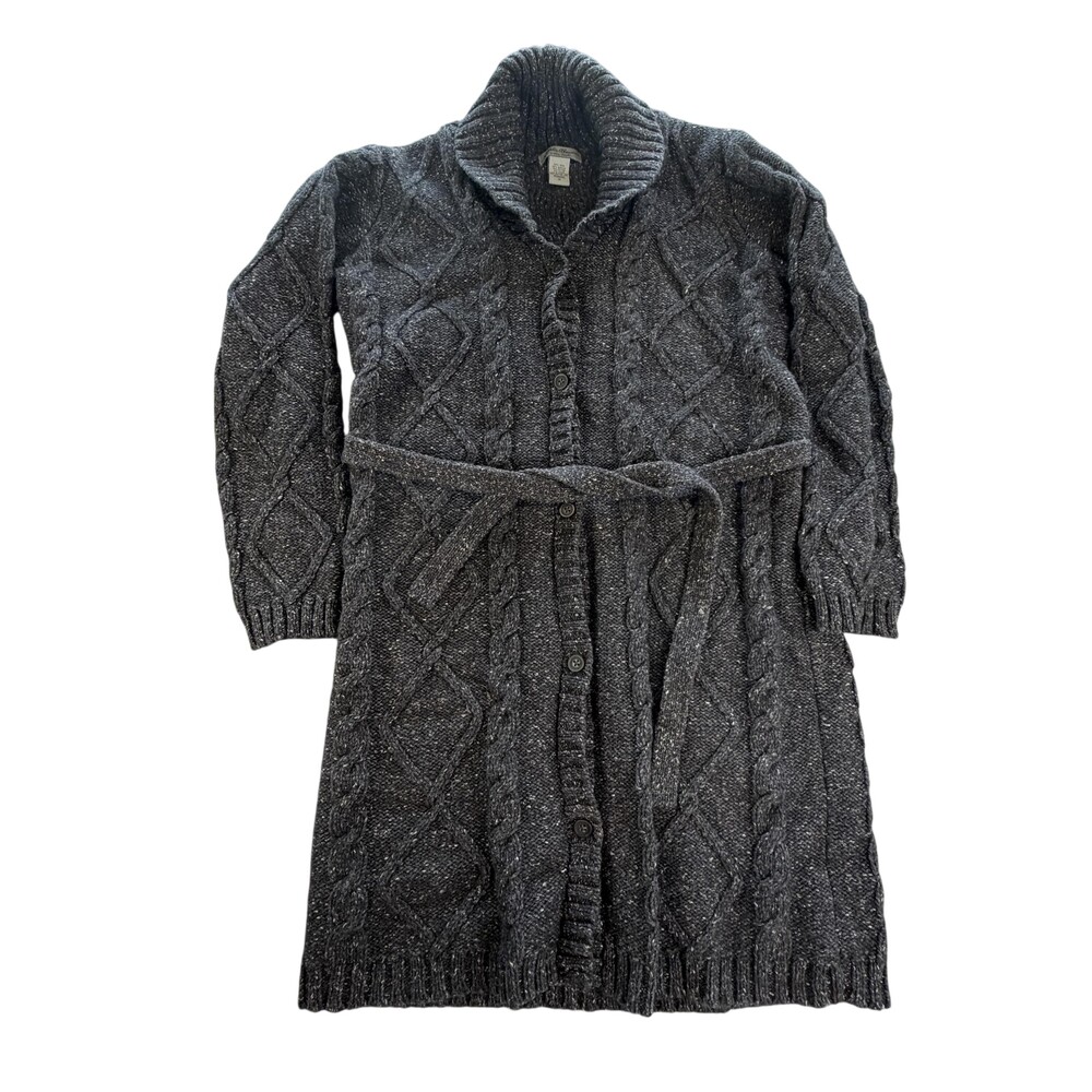 Eddie Bauer Cardigan Sweater Womens Medium Gray Belted Cable Knit Shawl Collar